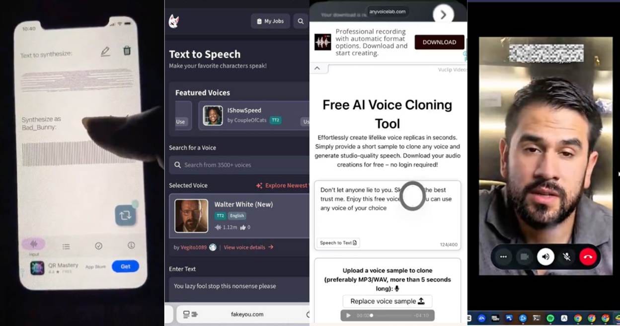 A composite image of various screenshots of in-use AI tools, shared in Yahoo Boys channels that offered subscribers tutorials and techniques for voice cloning and face swapping to improve romance and impersonation scams (from left: Revoice, FakeYou, AnyVoiceLab, DreamFace).