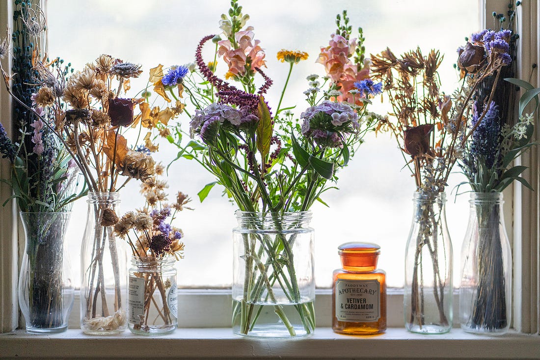 A photograph of flowers in a windowsill