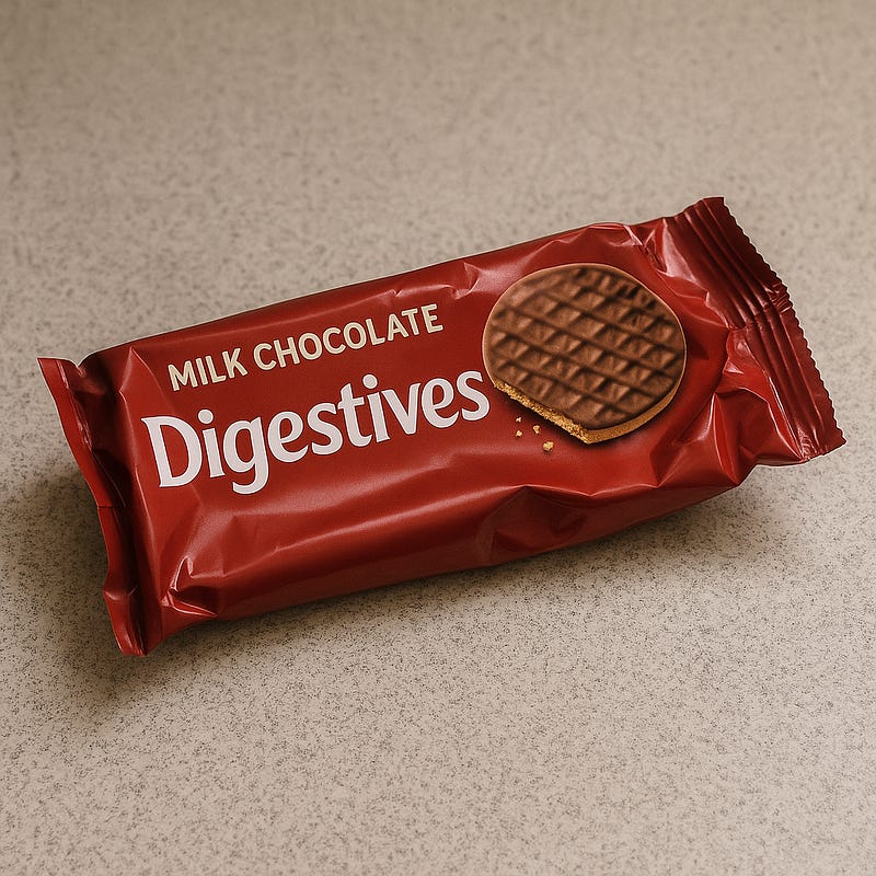 An emply packet of chocolate digestvies on an office desk. An emply packet of chocolate digestvies on an office desk.