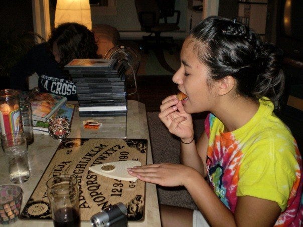 high school me eating a pizza roll and using a ouija board high school me eating a pizza roll and using a ouija board