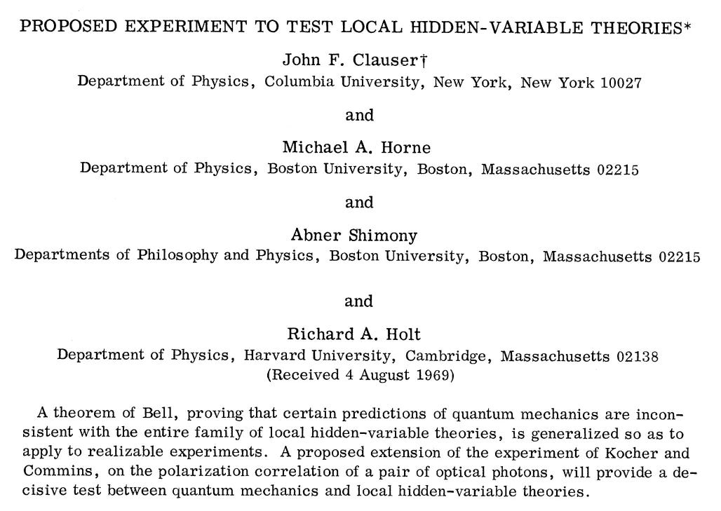 1969 年 CHSH 論文〈Proposed Experiment to Test Local Hidden-Variable Theories〉的標題、作者與摘要 1969 年 CHSH 論文〈Proposed Experiment to Test Local Hidden-Variable Theories〉的標題、作者與摘要