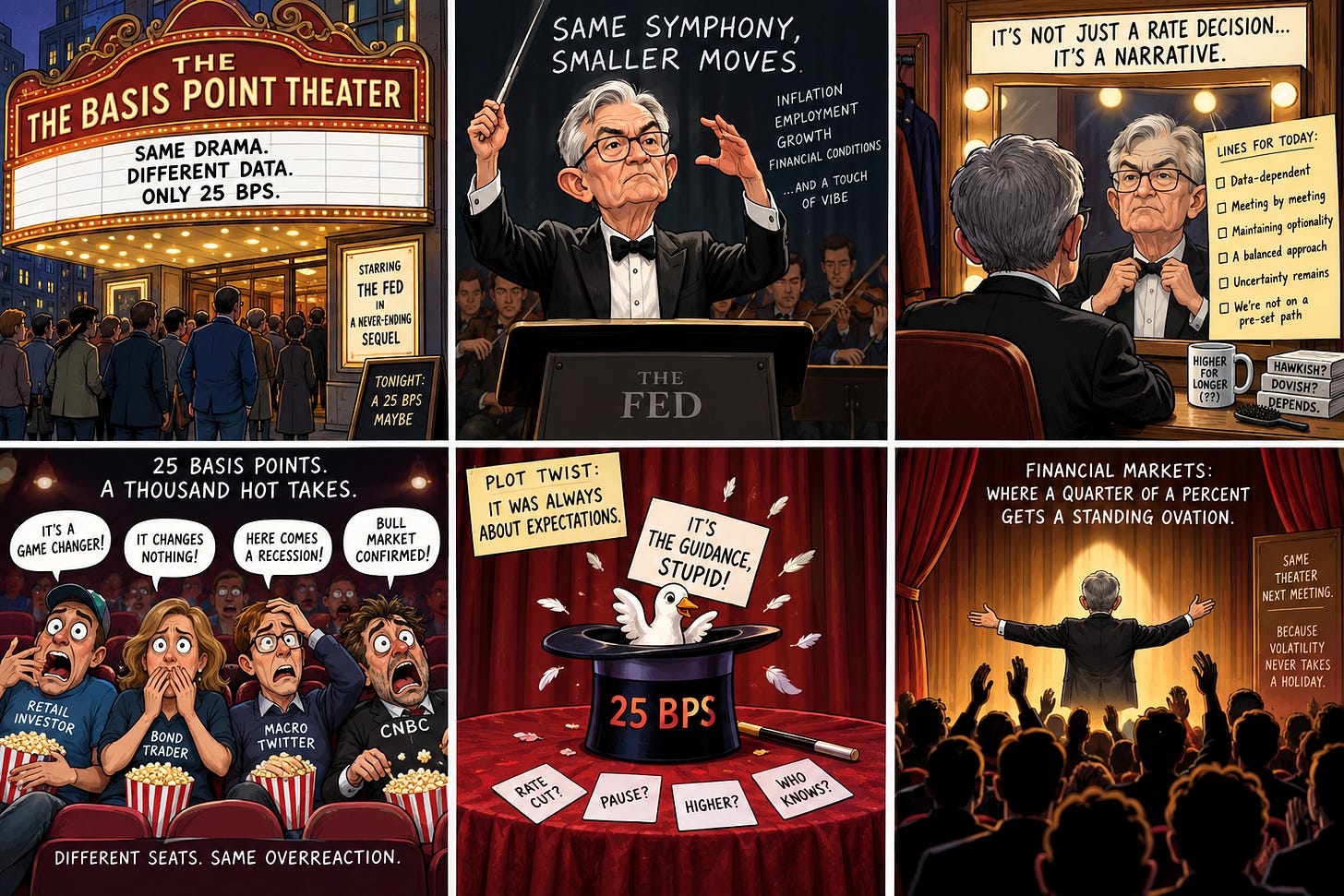 Six-panel cartoon shows Fed communication as a theatrical production, with a conductor, prepared talking points, conflicting market reactions, and a guidance trick.