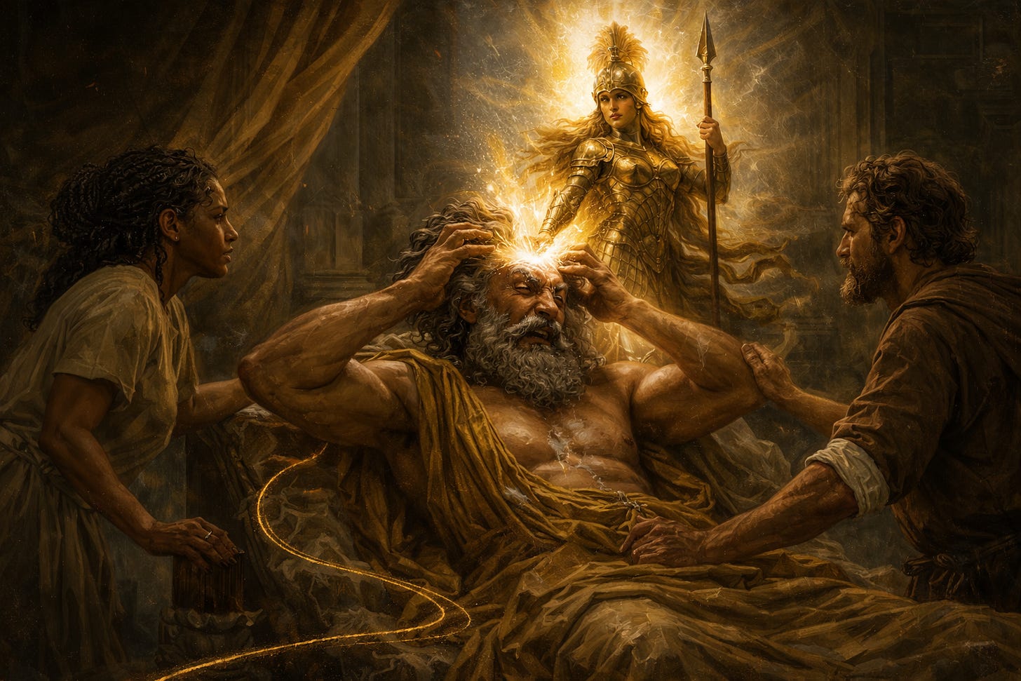A dramatic oil-style painting shows a muscular, dark-skinned man reclining on a bed, clutching his head as radiant golden light bursts from his forehead. Emerging from the glowing fissure stands a woman in full gold armor and helmet, holding a spear and surrounded by bright light. On either side of the man, two attendants lean in with concern—one woman with braided hair on the left and a bearded man on the right. A thin golden thread curves across the lower foreground. The scene is set in a dim, classical interior with stone columns and warm, shadowed lighting.