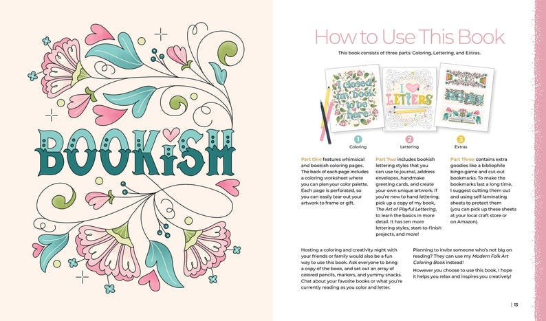 May include: A book with the word "BOOKISH" in teal, surrounded by floral illustrations in pink, teal, and green. The book's title is in a whimsical font. The page also includes instructions on how to use the book.