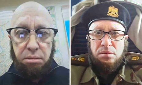 Two images of a man wearing glasses and a false beard