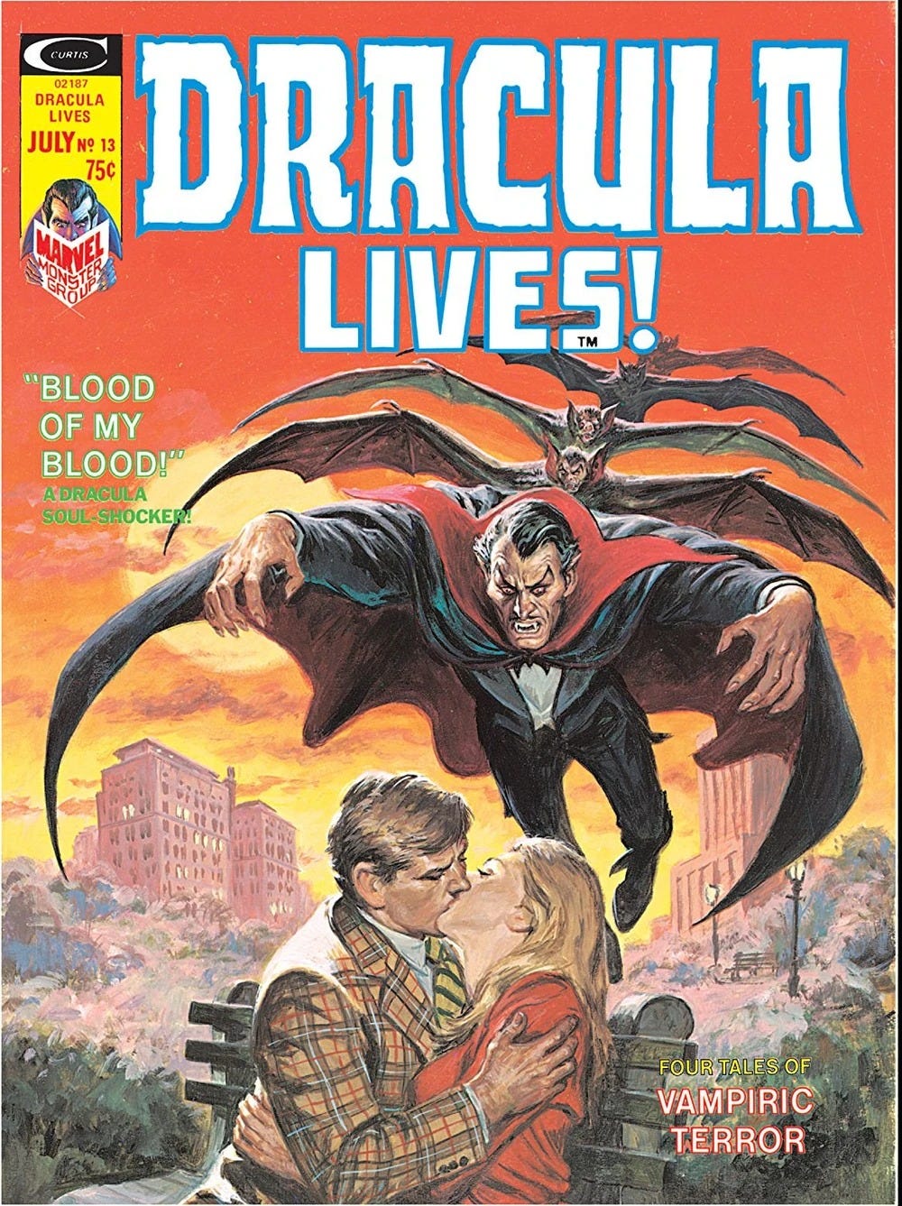 May be an image of text that says "CURTIS 02187 02187 DRACULA LIVES JULYN13 3 JULY 75c DRACULA LIVES! m "BLOOD OF OFMY MY BLOOD!" ADRACULA SOUL- SOUL-SHOCKER! SHOCKER! KER FOUR FOURTALESOF VAMPIRIC TERROR"