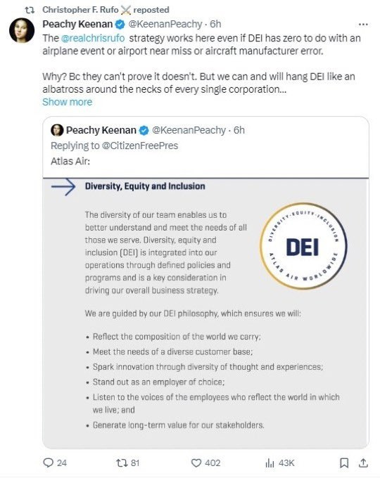 Screenshot of tweet by 'Peachy Keenan': 'The @realchrisrufo strategy works here even if DEI has zero to do with an airplane event or airport near miss or aircraft manufacturer error. Why? Bc they can't prove it doesn't. But we can and will hang DEI like an albatross around the necks of every single corporation entrusted to prioritize human life and safety who chooses to waste time on this absolute nonsense.' Screenshot of tweet by 'Peachy Keenan': 'The @realchrisrufo strategy works here even if DEI has zero to do with an airplane event or airport near miss or aircraft manufacturer error. Why? Bc they can't prove it doesn't. But we can and will hang DEI like an albatross around the necks of every single corporation entrusted to prioritize human life and safety who chooses to waste time on this absolute nonsense.'