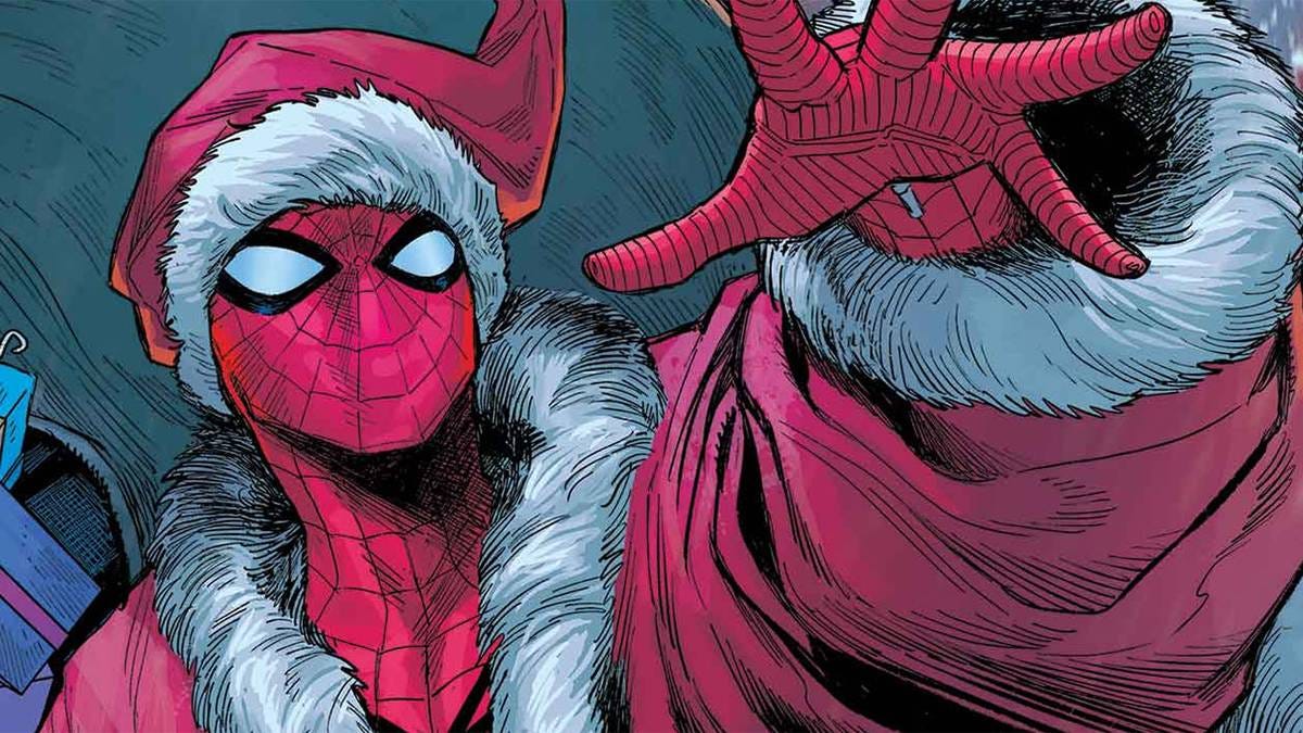 Spider-Man dressed up as Santa Claus on the main cover for Marvel's Ultimate Spider-Man #12.