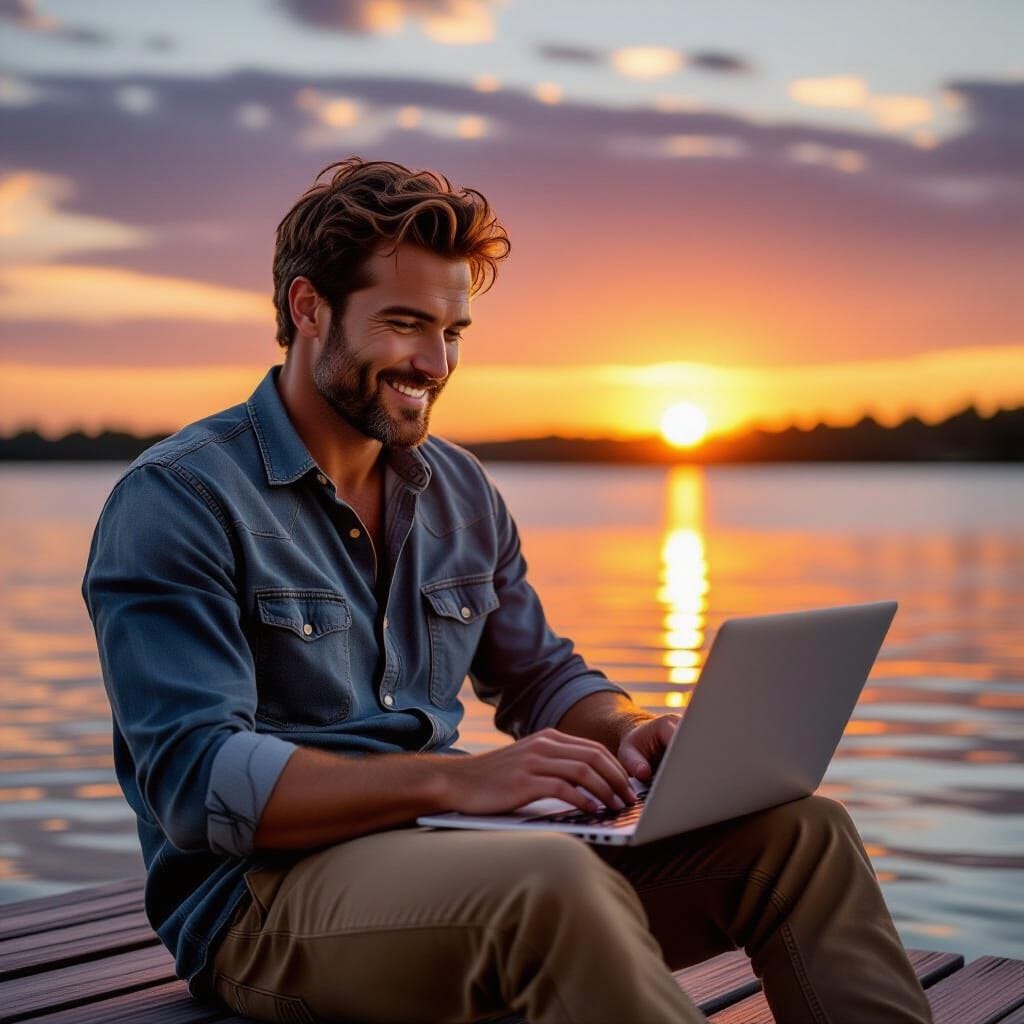 "An stunning 8K photograph of a handsome man in casual attire sitting on a wooden dock at sunset, the sky painted in bri...