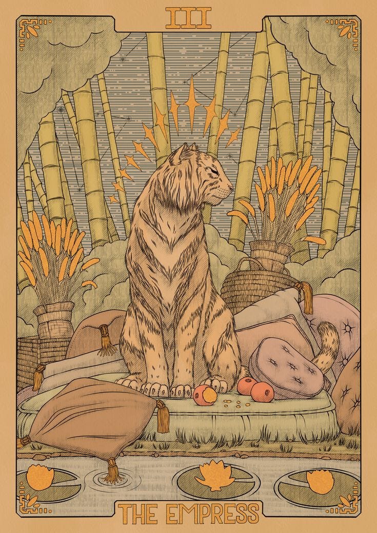 This may contain: a tarot card with a tiger sitting on the ground surrounded by bamboo trees and rocks