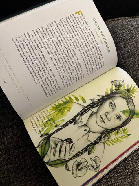 A collection of influential Swedish women featured in Svenska Hjältinnor (Swedish Heroines), including activist Tess Asplund, musician Cherrie, human rights advocate Fadime Şahindal, and climate activist Greta Thunberg. These women have shaped Sweden’s history through their work in racial justice, music, women's rights, and environmental activism."