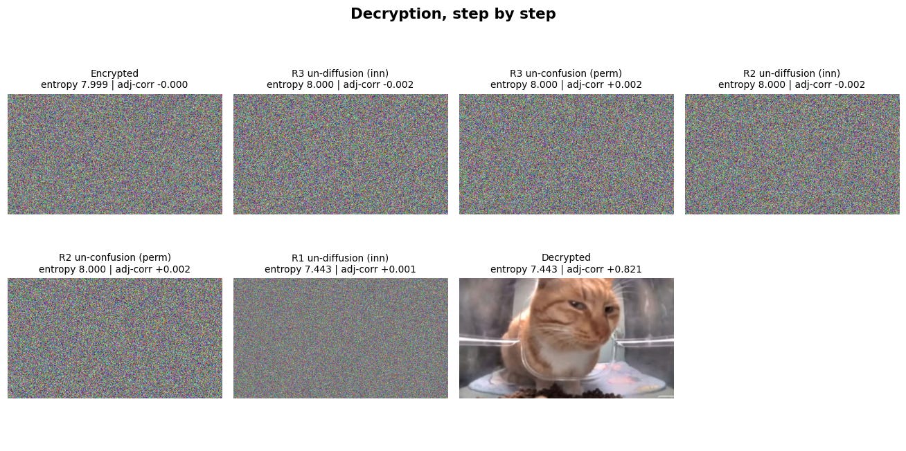 Decryption step by step: full noise until the very last step, when the cat snaps back