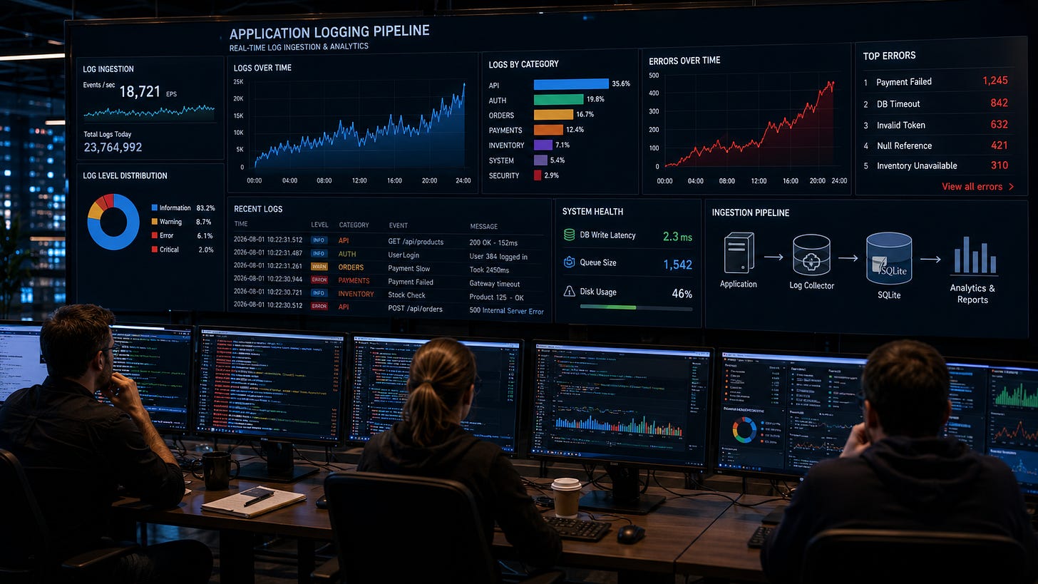 DevOps control room monitoring high-volume SQLite logging pipeline and real-time system metrics. DevOps control room monitoring high-volume SQLite logging pipeline and real-time system metrics.
