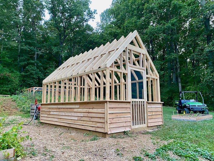 Cedar siding on a greenhouse.