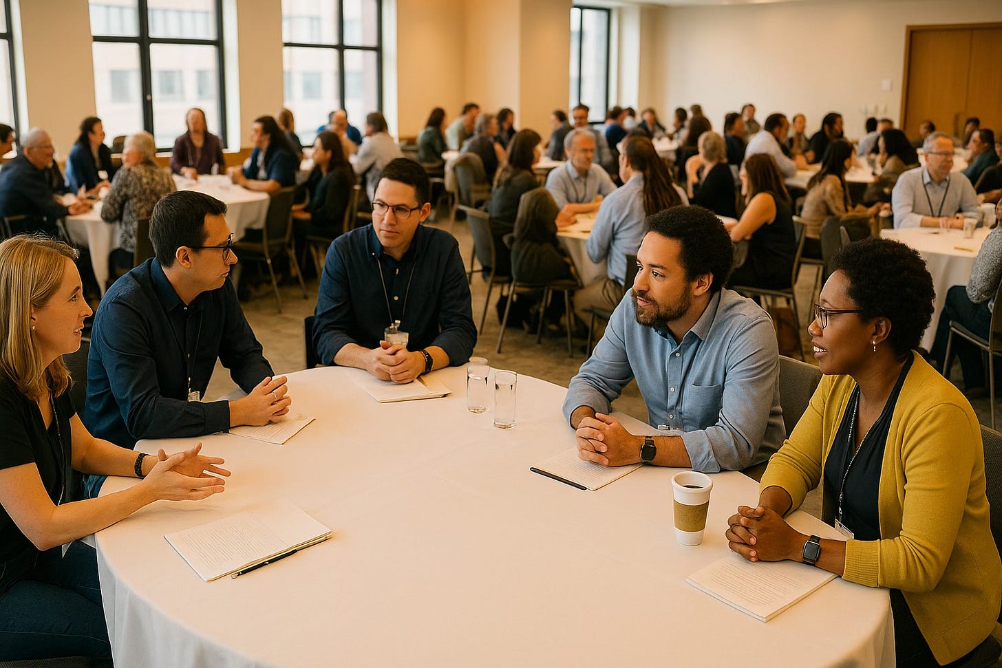 A bright conference room with small groups of professionals in lively discussion around round tables, sunlight streaming through large windows, creating a warm and collaborative atmosphere. A bright conference room with small groups of professionals in lively discussion around round tables, sunlight streaming through large windows, creating a warm and collaborative atmosphere.