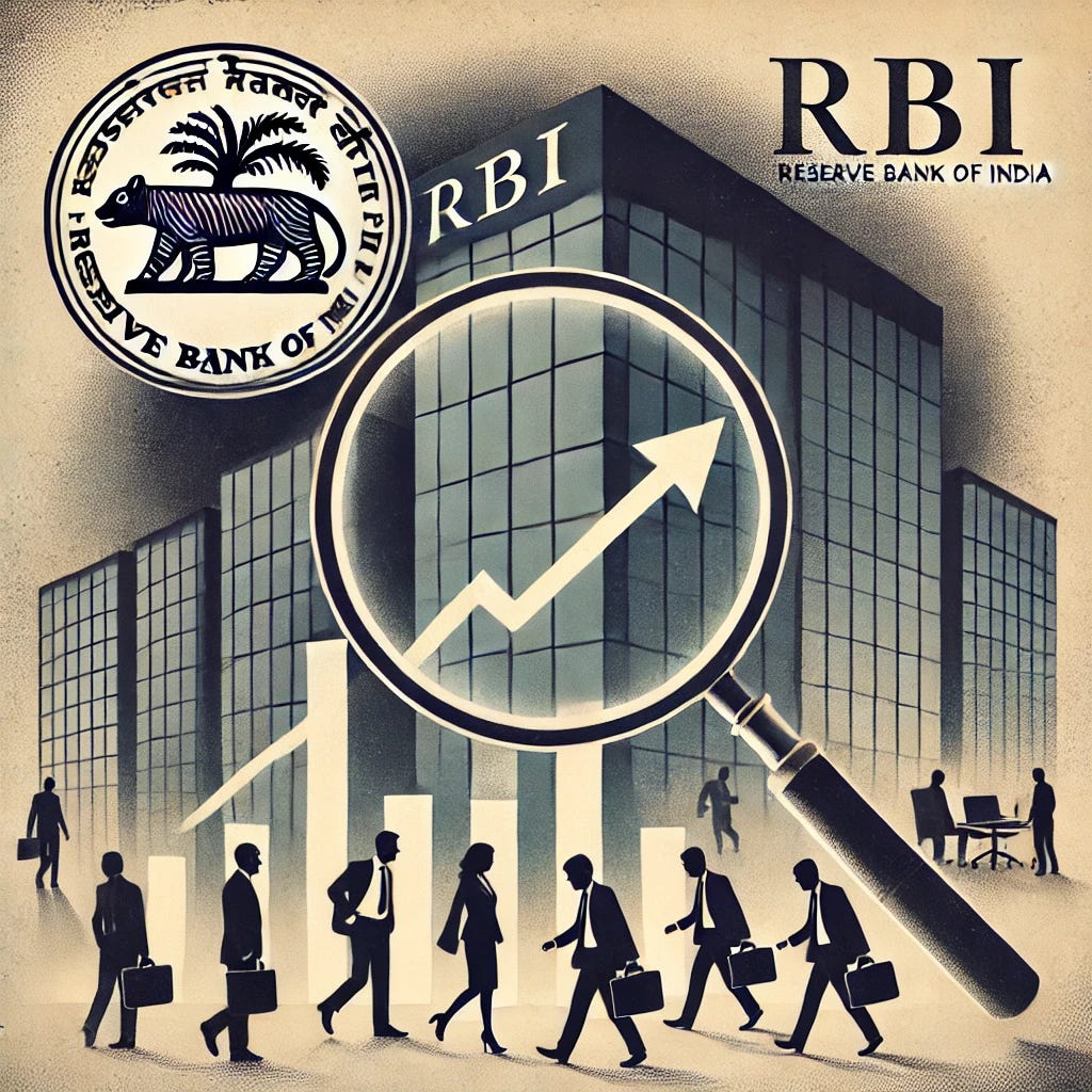 A conceptual illustration depicting the Reserve Bank of India (RBI) symbol in the background with a magnifying glass focusing on silhouettes of employees leaving an office building, symbolizing high attrition rates. The image has a serious tone with muted colors, showing a corporate environment and a graph symbolizing declining retention. Text overlay: 'Why Is RBI Worried?' in bold, professional typography.