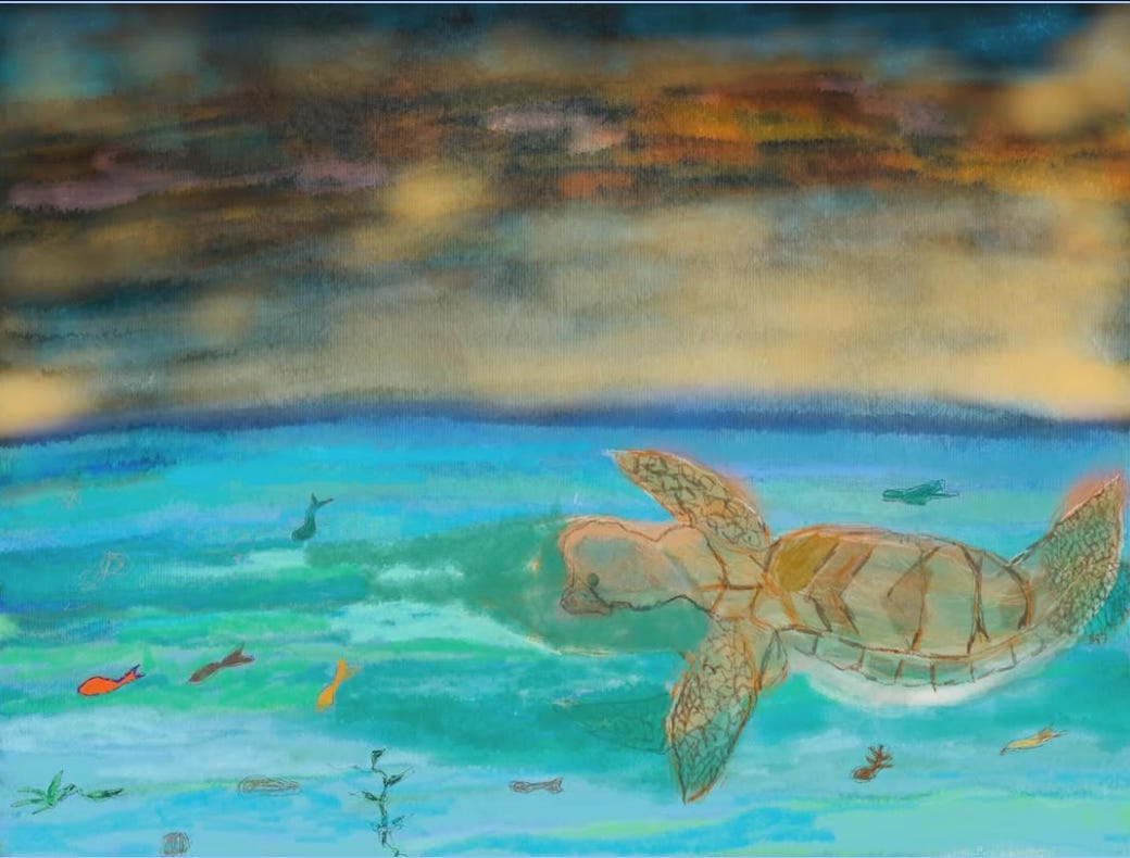 **Alt text (under 500 characters):** A colorful watercolor-style painting of a sea turtle swimming through clear turquoise water beneath a dramatic sky filled with dark gray, blue, and gold clouds. The turtle, outlined in warm brown tones, glides toward the right with its front flippers extended. Small, brightly colored fish and delicate underwater plants are scattered around it, adding a sense of movement and scale. The scene evokes calm, resilience, and the quiet beauty of the ocean.