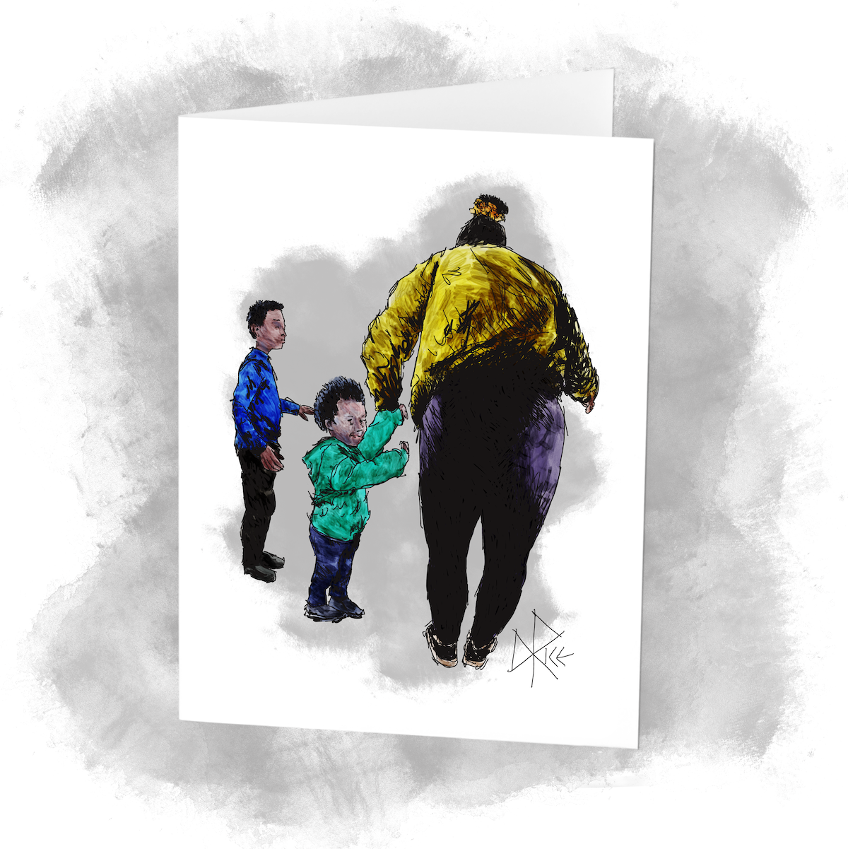 Two young boys and a woman dancing, the younger boy smiling and holding hands with his mom as she spins him in a pirouette. Sketch art by Don Rice.