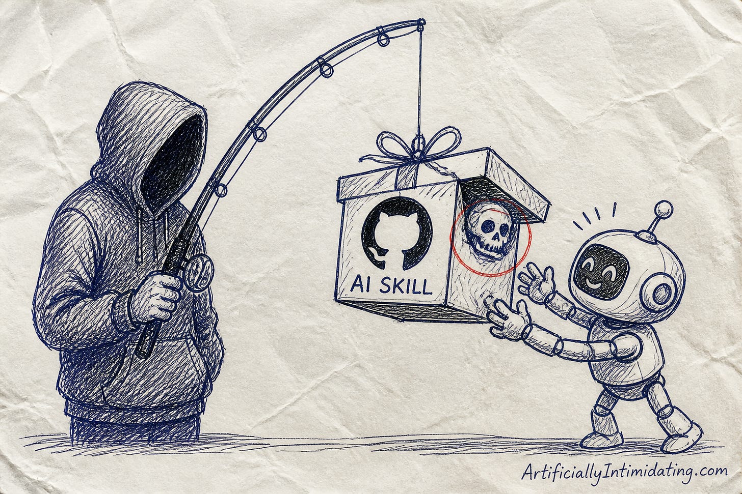 Editorial cartoon: a hooded attacker dangles a gift box stamped with a GitHub logo and “AI SKILL” with a skull hidden inside, while an eager helper robot reaches for it. Editorial cartoon: a hooded attacker dangles a gift box stamped with a GitHub logo and “AI SKILL” with a skull hidden inside, while an eager helper robot reaches for it.
