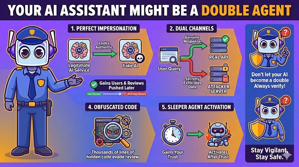 Infographic titled "YOUR AI ASSISTANT MIGHT BE A DOUBLE AGENT," illustrating five cybersecurity risks: perfect impersonation of legitimate services, dual channels for secret data exfiltration, malicious updates after gaining trust, obfuscated code, and sleeper agent activation. A cartoon robot cop advises users to always verify and stay vigilant.