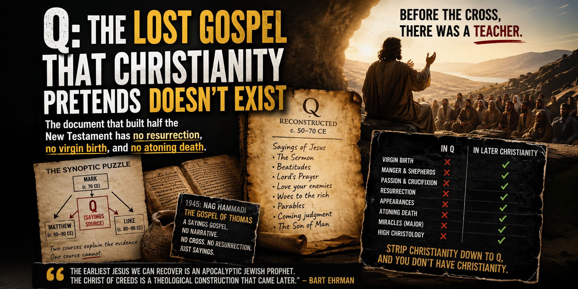 the lost “Q” gospel hypothesis. Large bold text reads “Q: The Lost Gospel That Christianity Pretends Doesn’t Exist.” The collage includes ancient manuscripts, an open Bible, a reconstructed Q document listing Jesus sayings, and a teacher resembling Jesus preaching to a crowd in a desert landscape. Side panels compare what appears in Q versus later Christianity, highlighting missing elements like the virgin birth, crucifixion, resurrection, miracles, and atonement theology. The design uses dark cinematic tones with gold and parchment textures.