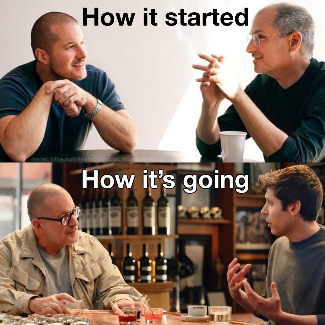 How it started: Design genius Jony Ive sits across from Steve Jobs (Apple co-founder and CEO) in a well-lit cafe; Jobs has a paper cup of tea in front of him, and both men are smiling and enjoying each other’s presence. … How it’s going: Jony Ive sits across from Sam Altman (OpenAI co-founder and CEO) in a bar, at a table full of alcoholic beverages; their conversation appears business-like and formal, and neither man looks very happy.