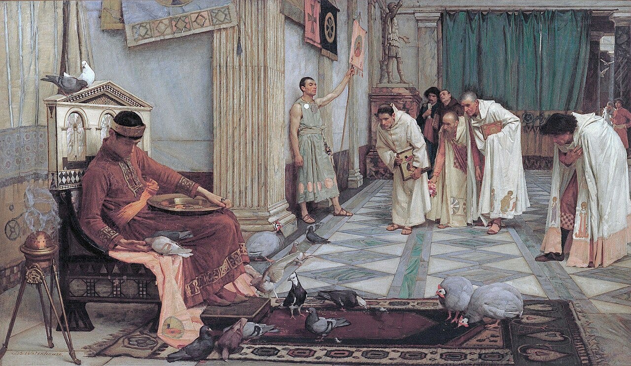 A young emperor on a throne feeding pigeons, courtiers in white robes bowing across a marble floor A young emperor on a throne feeding pigeons, courtiers in white robes bowing across a marble floor