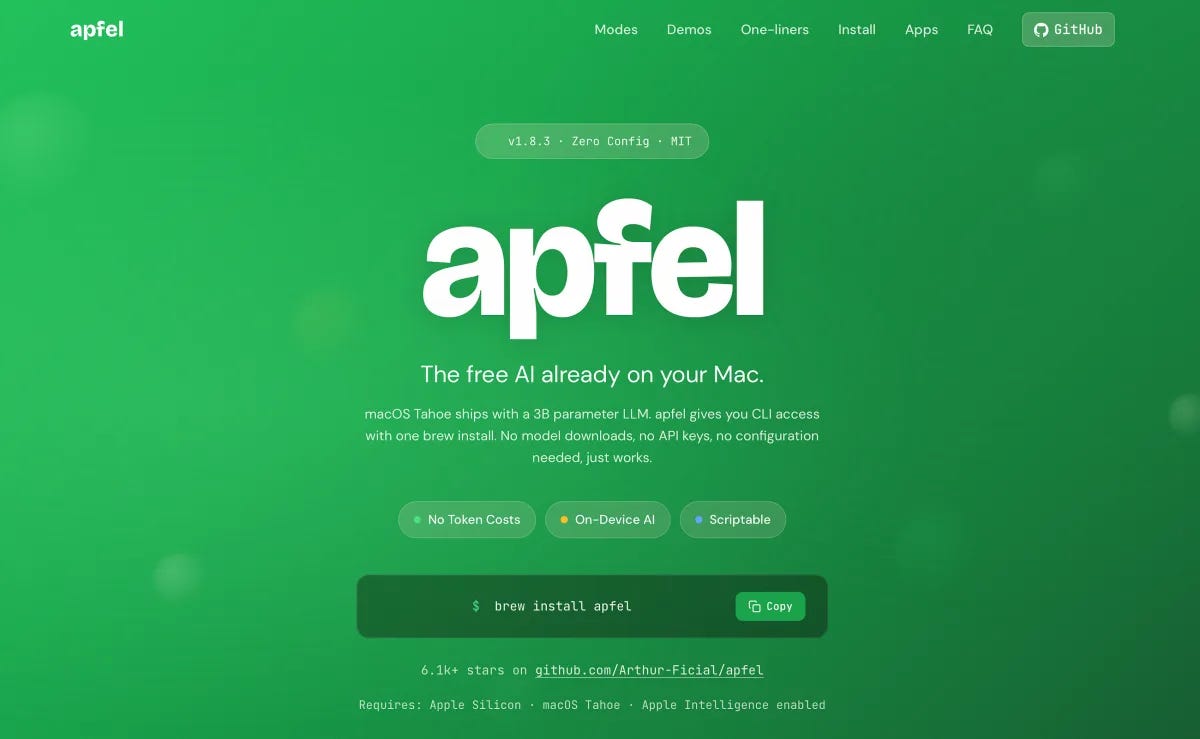 The Apfel landing page: a free CLI to run Apple's on-device AI model, install with brew install apfel The Apfel landing page: a free CLI to run Apple's on-device AI model, install with brew install apfel