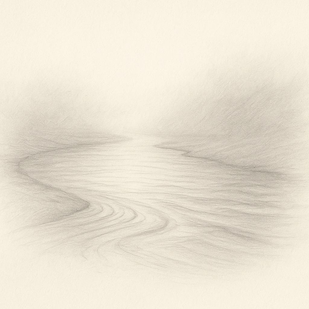 A smooth river entering fog, representing a system drifting without insight.