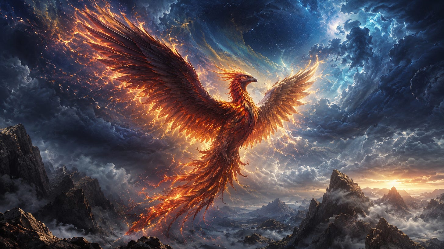 A majestic Phoenix with elegant partially illuminated wings emerges through storm-filled skies above a rugged mountainous landscape. A majestic Phoenix with elegant partially illuminated wings emerges through storm-filled skies above a rugged mountainous landscape.
