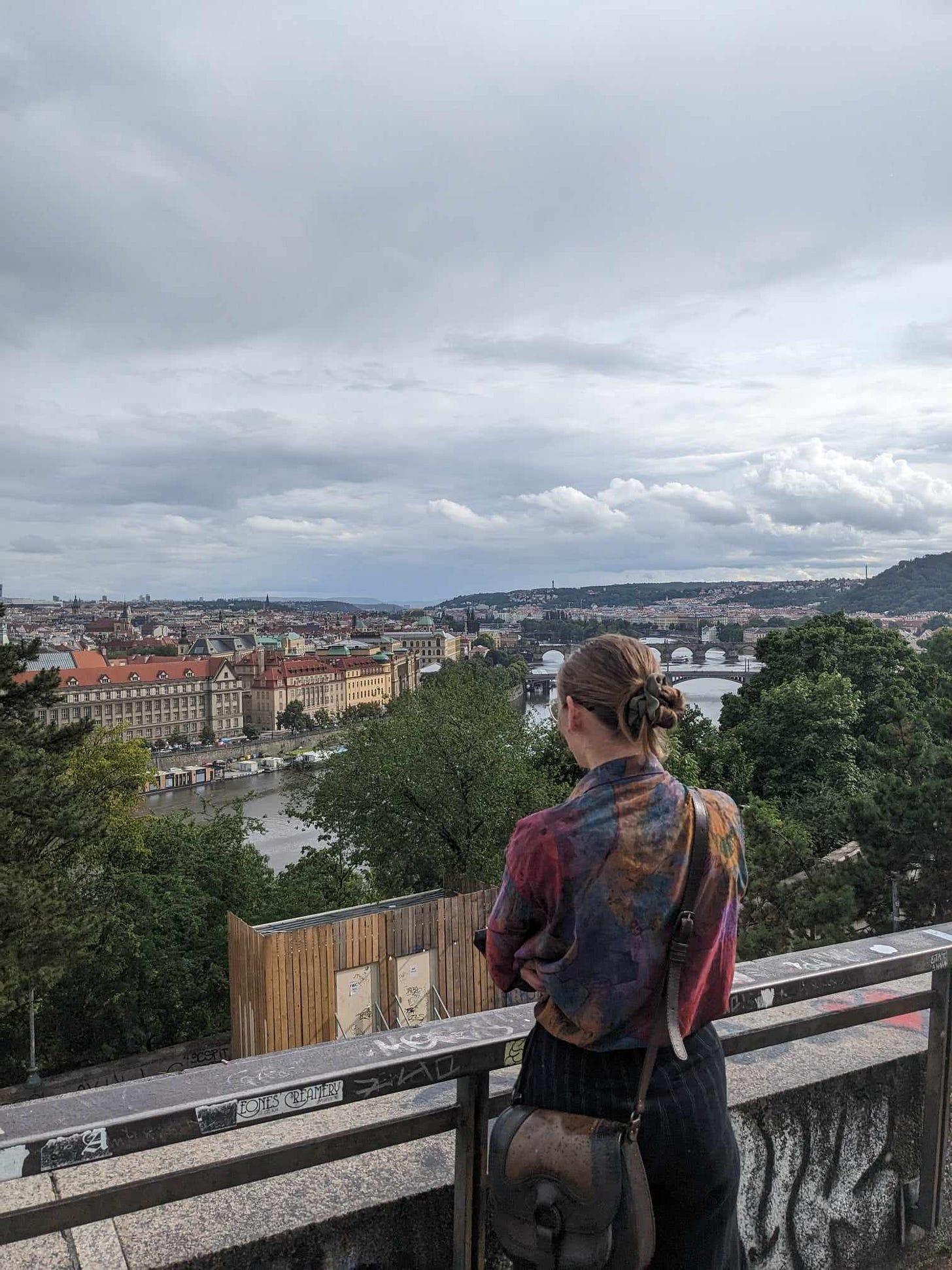 A young woman overlooks a cityscape under grey skies