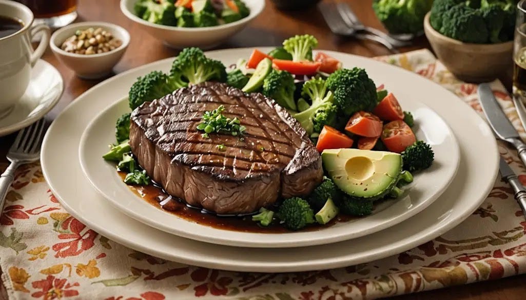 Keto dinner: grilled sirloin steak, steamed broccoli, salad with vinegar and oil, and avocado slices.