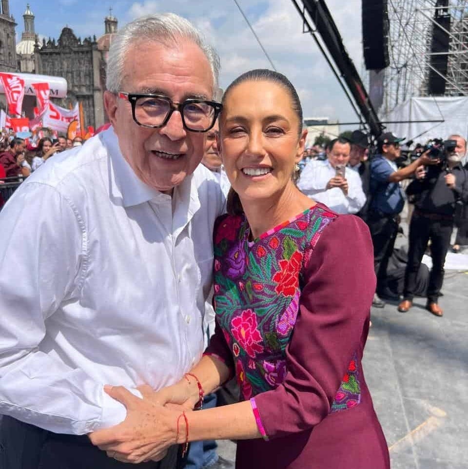 Governor Rocha Moya and Mexican President Claudia Sheinbaum celebrate the 2025 anniversary of her first year in office. (State of Sinaloa Official photo)