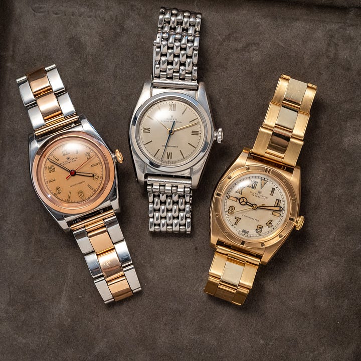 vintage rolex gay freres bracelets, oyster, bonklip, and beads of rice.
