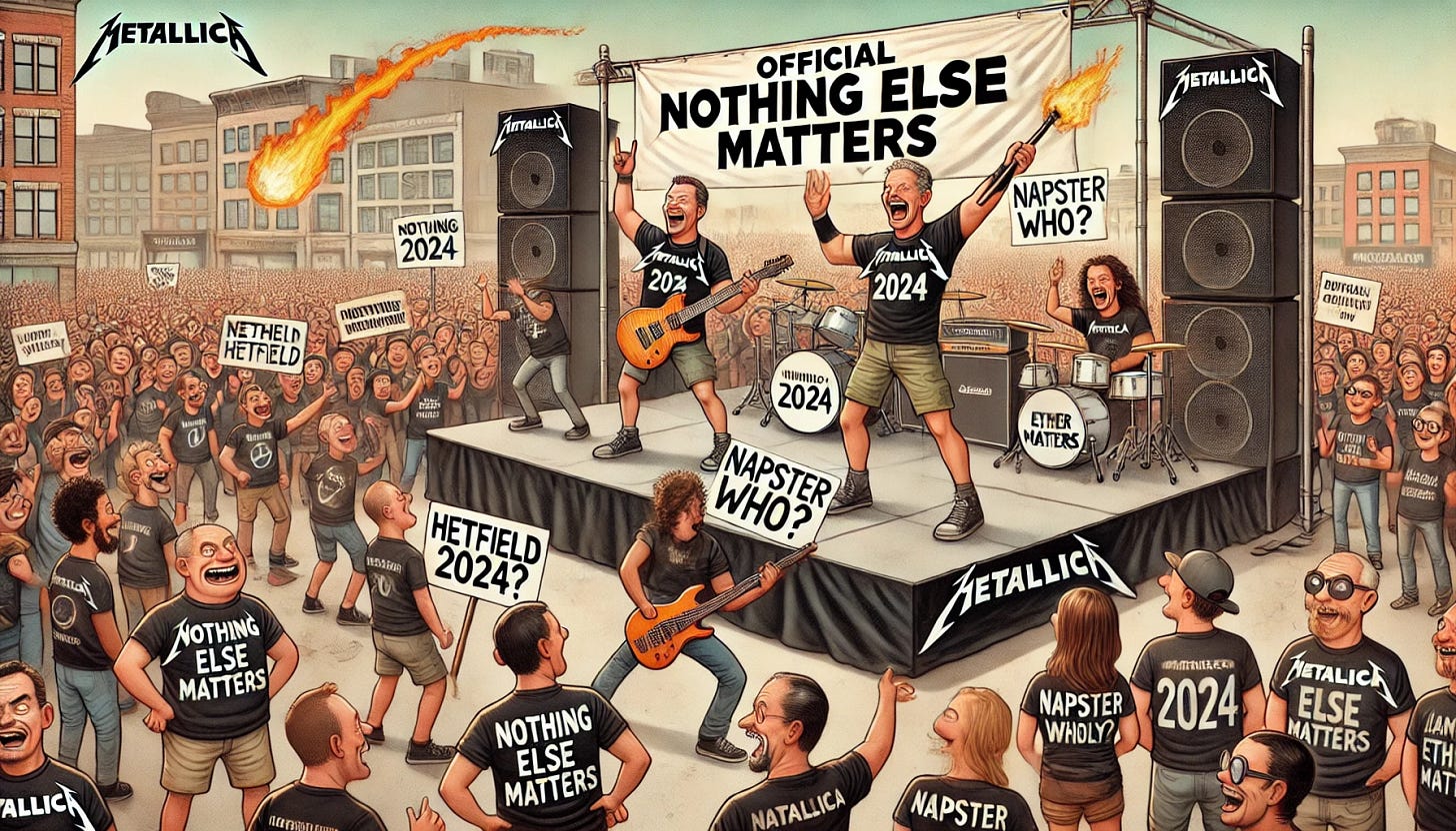 A satirical illustration of Metallica fans leading a 'Nothing Else Matters' movement in the style of a modern protest rally. The crowd is full of people in Metallica t-shirts holding humorous signs like 'Hetfield 2024' and 'Napster Who?' with one fan dramatically holding an oversized replica of James Hetfield’s guitar. In the background, there's a stage with a banner reading 'Official Nothing Else Matters Rally' and caricatures of Metallica band members waving to the crowd. The scene is lively and filled with subtle nods to Metallica culture, such as lightning bolts, black albums, and flames, creating a humorous and playful atmosphere.