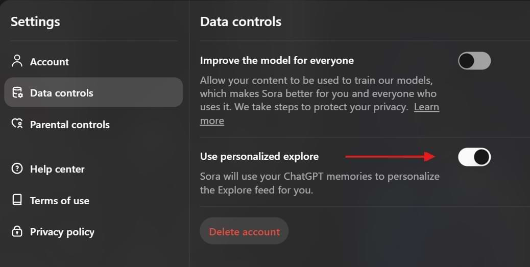 Screenshot of Sora app's data control settings showing toggles for "Improve the model for everyone" and "Use personalized explore." The personalized explore option is enabled, allowing Sora to use ChatGPT memories to customize the Explore feed. A red arrow points to the toggle, highlighting that this feature can be turned off.