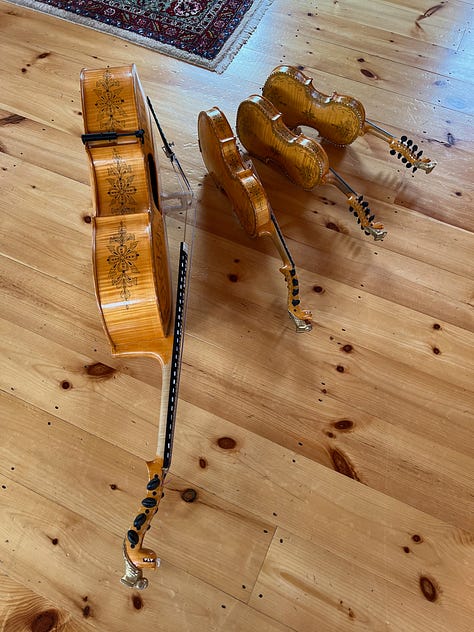 picture of the Hardanger Quartet instruments, with Lynn Berg and Loretta Kelley