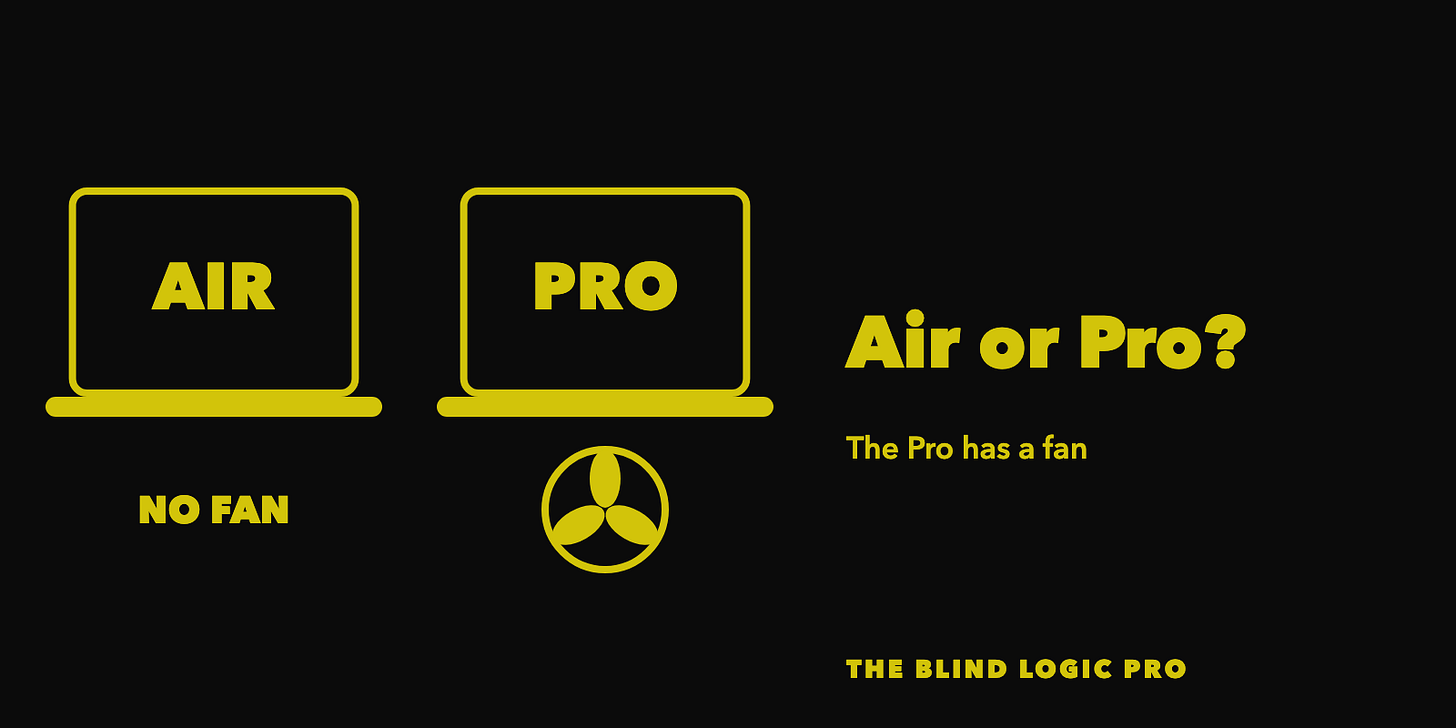 Two laptops labeled Air and Pro, with the words No fan under the Air and a fan under the Pro, with the text Air or Pro? The Pro has a fan. Two laptops labeled Air and Pro, with the words No fan under the Air and a fan under the Pro, with the text Air or Pro? The Pro has a fan.