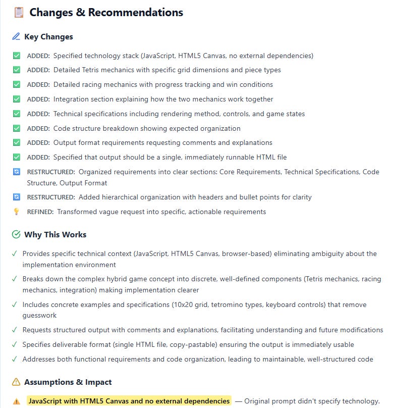 Screenshot of a Changes & Recommendations panel listing key changes added, restructured, refined, reasons why this works, and a highlighted assumptions section about JavaScript and HTML5 Canvas.