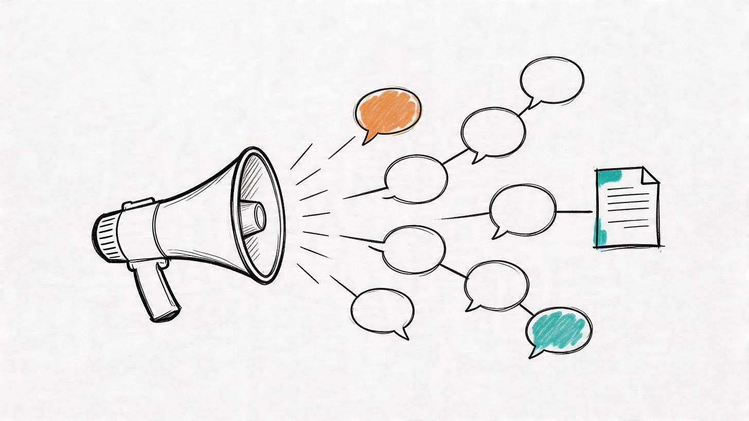 A hand-drawn illustration of a megaphone broadcasting speech bubbles connected to a document icon.