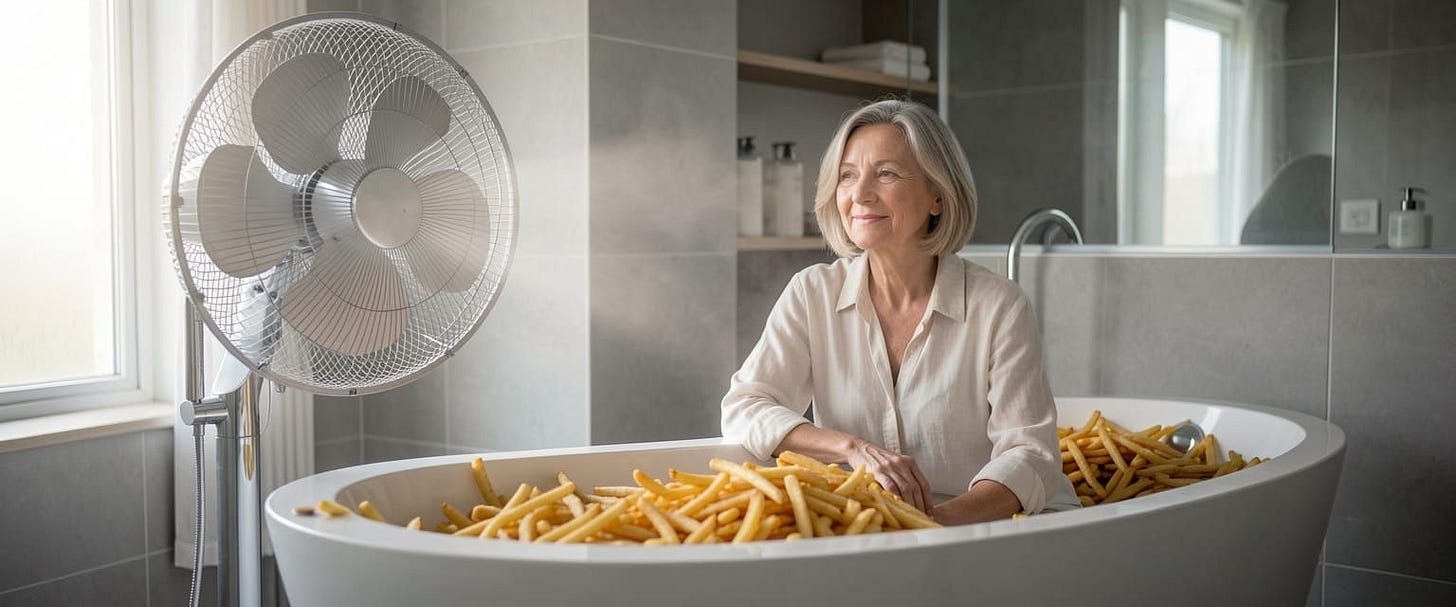 A serene middle-aged woman with kind eyes relaxes in a large, modern bathroom beside a sleek, freestanding bathtub overf...