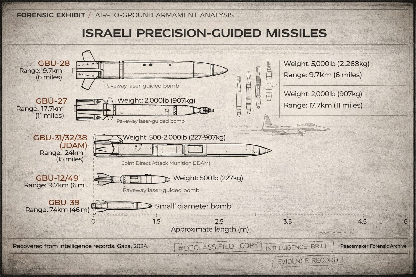 Comparative analysis of Israeli precision-guided air-to-ground munitions deployed in civilian zones — including GBU-27/28 Paveway bombs, JDAM kits, and GBU-39 small-diameter weapons. Specifications derived from recovered intelligence records, Gaza 2024.