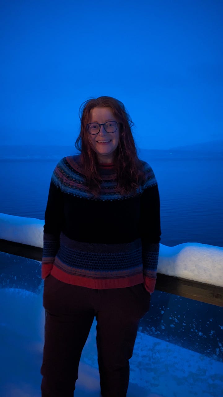 A red-haired woman in a dark navy wool jumper with aurora-coloured patterns round the neck stands with her hands in her pockets, smiling in the cobalt blue light in the arctic, snow piled on the balcony behind her. Also, a large, tawny-brown moose gently walks through deep snow under bare trees.