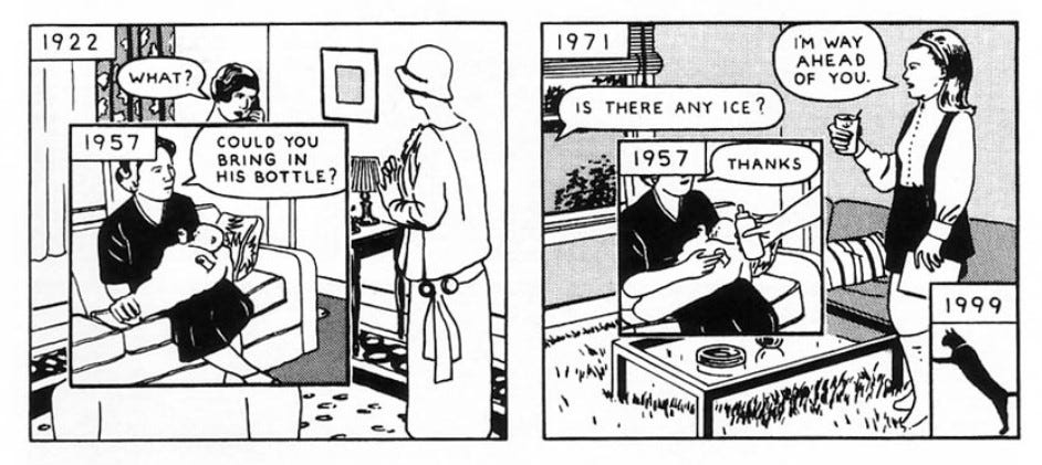 Two panels from from Richard McGuire’s first, six-page version of Here (1989), using panels to combine events from 1922, 1957, 1971 and 1999 in the same space. I can imagine it being filmed as a really lovely slow dissolve, centred on the unchanging mother and child. - the newborn McGuire himself.