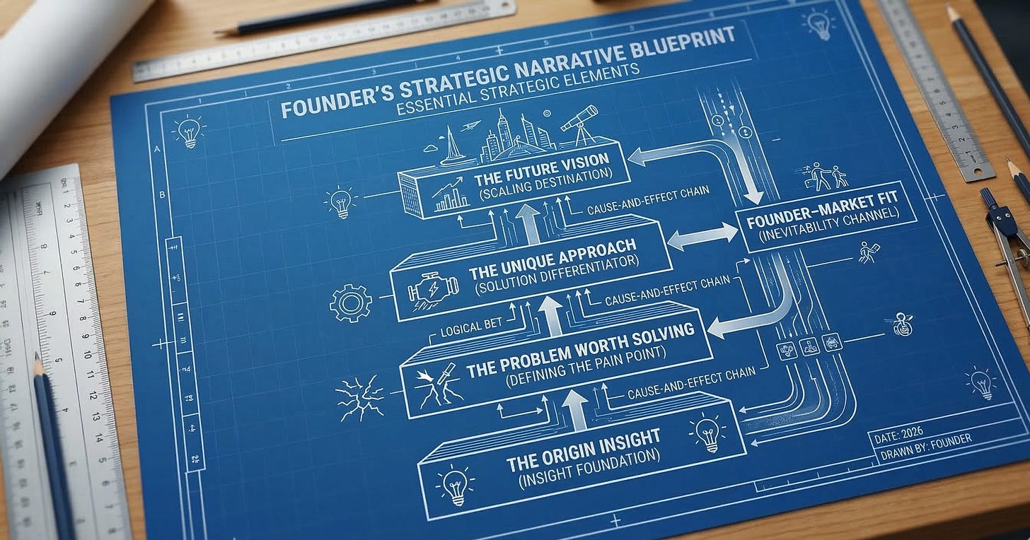 A blue architectural blueprint on a wooden desk illustrating the strategic narrative flow from origin insight to future vision.