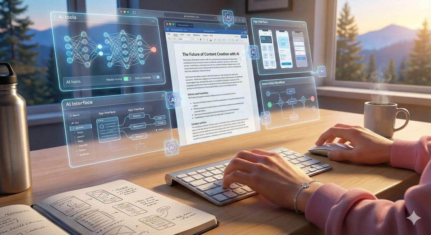 Close-up Pixar-style 3D image of hands actively typing at keyboard with holographic AI tools, code, and app interfaces floating above workspace, early morning golden light streaming through windows with Northern California mountains visible in background
