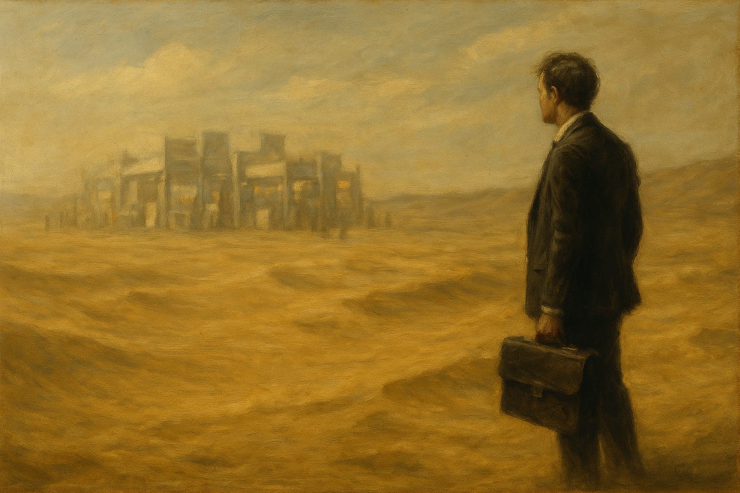 A surreal oil painting of a man in a dark business suit standing in a vast desert, holding a briefcase and gazing toward a cluster of trade show booths shimmering like a mirage in the distance. The colors are muted gold and tan, with a hazy, dreamlike atmosphere suggesting exhaustion and illusion.