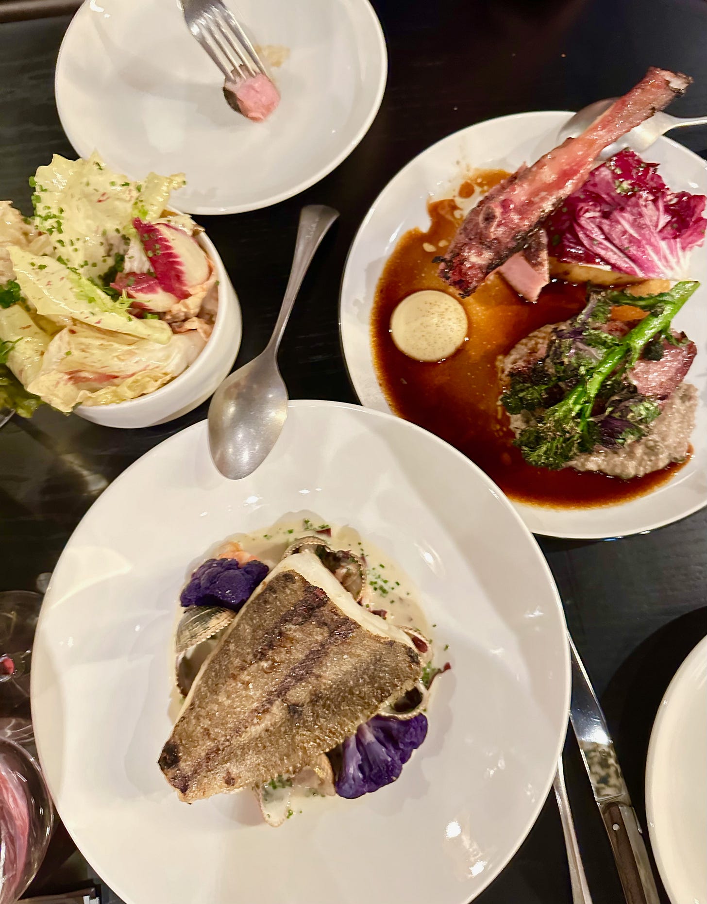 Mains of brill roasted on the bone and sugar pit pork chop at Kicky’s