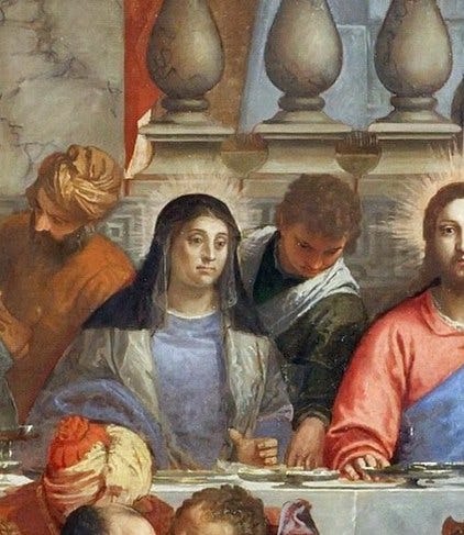 Detail of the Virgin Mary in the Wedding at Cana, in a gray gown with a veil edged in black over her hair, hands resting on the table beside Christ Detail of the Virgin Mary in the Wedding at Cana, in a gray gown with a veil edged in black over her hair, hands resting on the table beside Christ