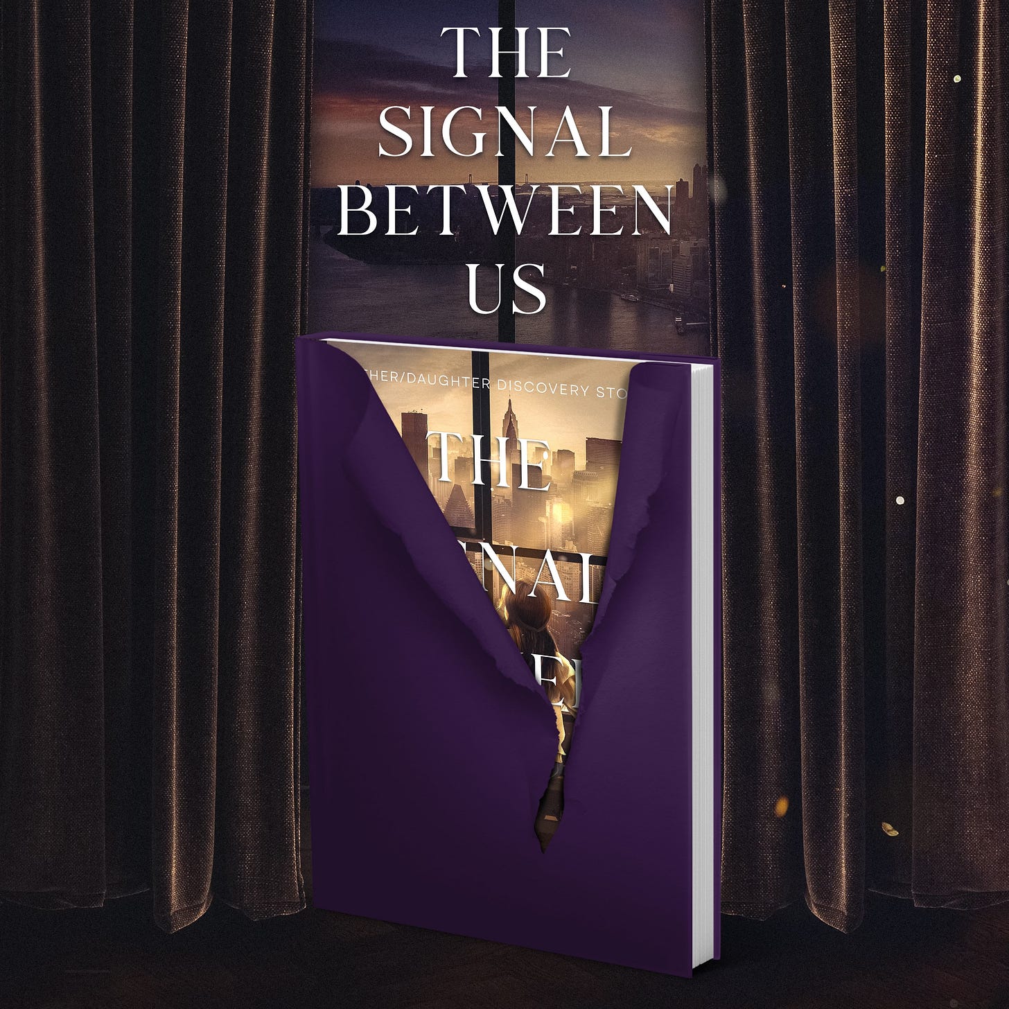 The book The Signal Between Us being revealed from behind a curtain and showing the title words on a window that looks onto the Manhattan skyline.